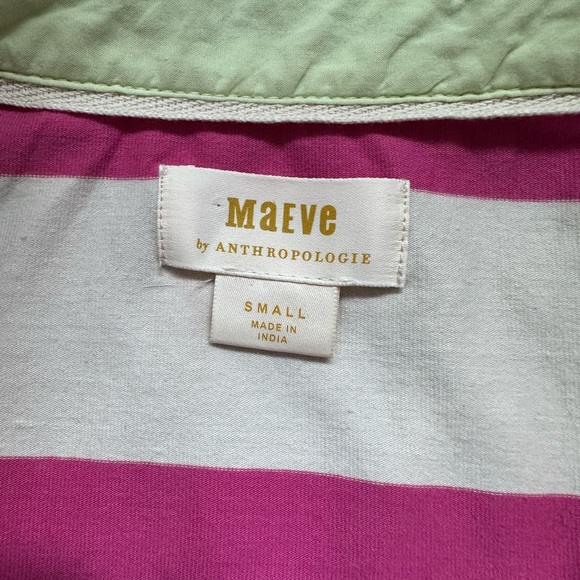 Maeve Anthropologie puff sleeve rugby Pink/White stripe polo top Green Collar S - Picture 6 of 8